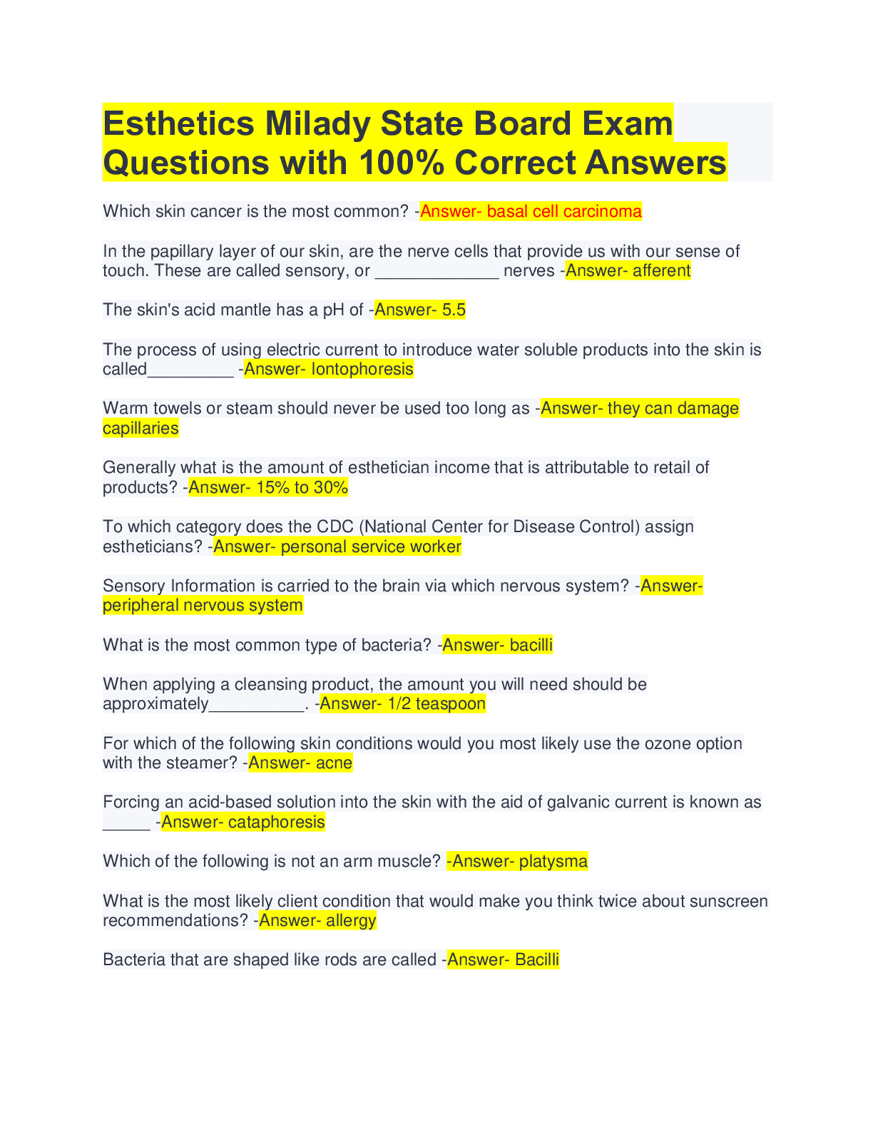Preview image of Esthetics Milady State Board Exam Questions with 100% Correct Answers document